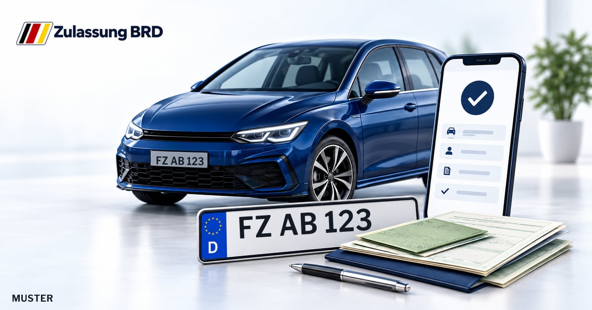 Online Fahrzeugzulassung in Borken (Hessen): Musterkennzeichen FZ AB 123, Auto und Fahrzeugpapiere und Smartphone. Illustration mit Logo von Zulassung BRD.